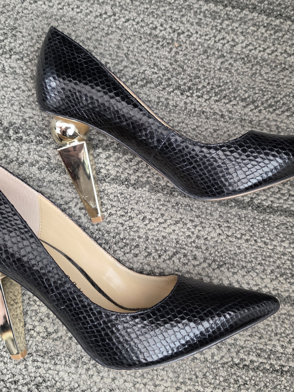 Katy Perry Black Snake-Embossed Pointed Toe Pumps with Gold Sculpted Heel